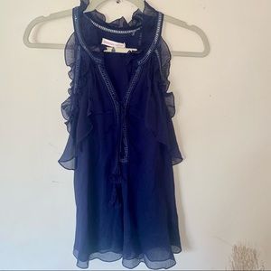 Rebecca Taylor silk tank embroidered ruffle tassels dark purple EUC